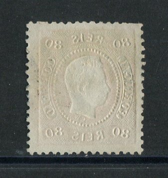 1867/70 - Afinsa nº 32. D. Luís I, fita curva denteado. Selo de 80 reis usado. Em boas condições.