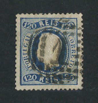 1867/70 - Afinsa nº 34. D. Luís I, fita curva denteado. Selo de 120 reis usado. Em boas condições.