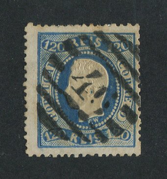 1867/70 - Afinsa nº 34. D. Luís I, fita curva denteado. Selo de 120 reis usado. Em boas condições.