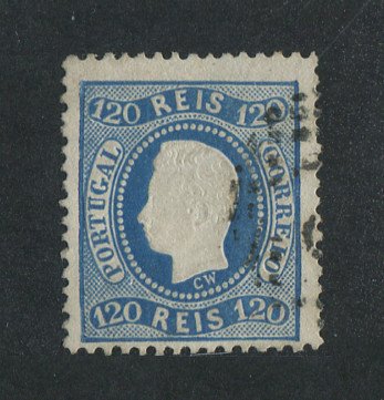 1867/70 - Afinsa nº 34. D. Luís I, fita curva denteado. Selo de 120 reis usado. Em boas condições.