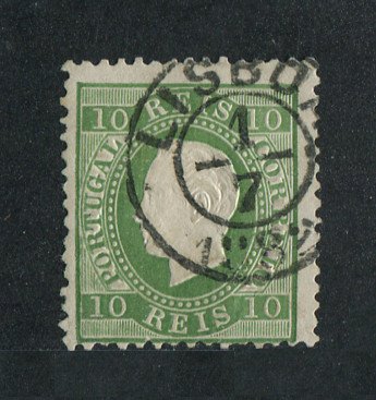 1879/80 - Afinsa nº 49. D. Luis I, fita direita novas cores. Selo de 10 reis usado. VERDE. Papel liso, denteado 12 1/2. Em boas condições.