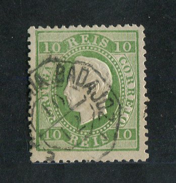 1879/80 - Afinsa nº 49. D. Luis I, fita direita novas cores. Selo de 10 reis usado. VERDE AMARELO. Papel liso, denteado 12 1/2. Em boas condições.