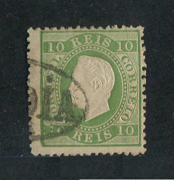 1879/80 - Afinsa nº 49. D. Luis I, fita direita novas cores.Selo de 10 reis usado. VERDE AMARELO. Papel liso, denteado 12 1/2. Com Carimbo NOMINATIVO de Anadia. Pequena transparência.
