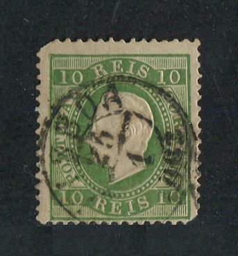1879/80 - Afinsa nº 49. D. Luis I, fita direita novas cores.Selo de 10 reis usado. VERDE. Papel liso, denteado 12 1/2. Cantos curtos.
