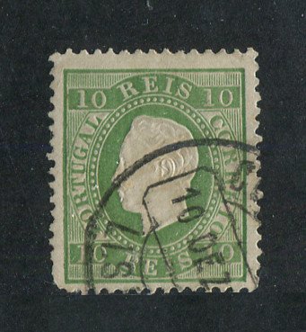1879/80 - Afinsa nº 49. D. Luis I, fita direita novas cores.Selo de 10 reis usado. VERDE. Papel liso, denteado 12 1/2. Canto curto.