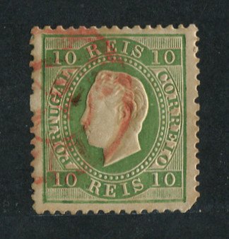 1879/80 - Afinsa nº 49. D. Luis I, fita direita novas cores.Selo de 10 reis usado. VERDE. Papel liso, denteado 12 1/2. Canto curto.