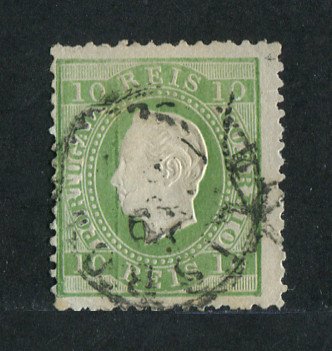 1879/80 - Afinsa nº 49. D. Luis I, fita direita novas cores. Selo de 10 reis usado. VERDE AMARELO. Papel liso, denteado 12 1/2. Em boas condições.
