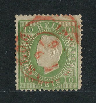 1879/80 - Afinsa nº 49. D. Luis I, fita direita novas cores.Selo de 10 reis usado. VERDE AMARELO. Papel liso, denteado 12 1/2. Canto curto.