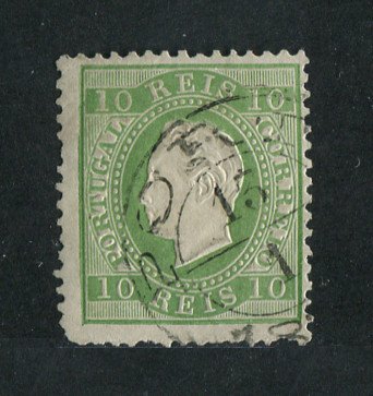 1879/80 - Afinsa nº 49. D. Luis I, fita direita novas cores.Selo de 10 reis usado. VERDE AMARELO. Papel liso, denteado 12 1/2. Denteado irregular.
