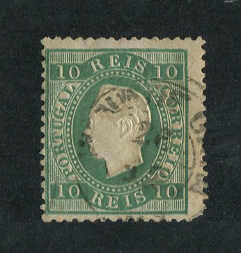 1879/80 - Afinsa nº 49D. D. Luis I, fita direita novas cores.Selo de 10 reis usado. VERDE AZUL. Papel liso, denteado 12 1/2. Denteado irregular.