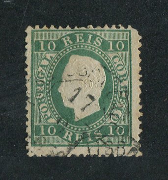 1879/80 - Afinsa nº 49D. D. Luis I, fita direita novas cores.Selo de 10 reis usado. VERDE AZUL. Papel liso, denteado 12 1/2. Canto curto.