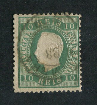 1879/80 - Afinsa nº 49D. D. Luis I, fita direita novas cores.Selo de 10 reis usado. VERDE AZUL. Papel liso, denteado 12 1/2. Carimbo de Coimbra. Este selo foi redenteado e apresenta uma pequena transparência.