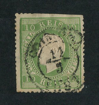 1879/80 - Afinsa nº 49E. D. Luis I, fita direita novas cores.Selo de 10 reis usado. VERDE AMARELO. Papel liso, denteado 13 1/2. Carimbo de Coimbra. Denteado irregular.