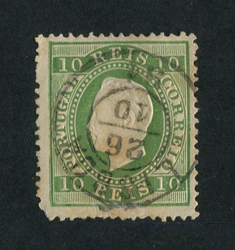 1879/80 - Afinsa nº 49E. D. Luis I, fita direita novas cores.Selo de 10 reis usado. VERDE AMARELO. Papel liso, denteado 13 1/2. Canto curto.