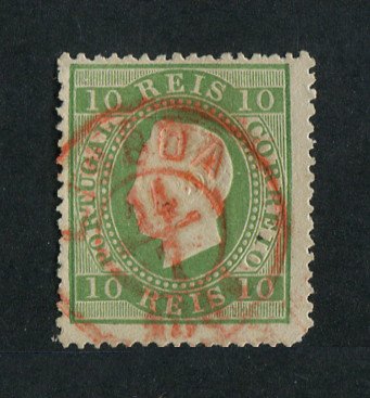 1879/80 - Afinsa nº 49E. D. Luis I, fita direita novas cores.Selo de 10 reis usado. VERDE AMARELO. Papel liso, denteado 13 1/2. Canto curto.
