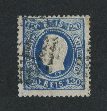 1867/70 - Afinsa nº 34. D. Luís I, fita curva denteado.Selo de 120 reis usado. Pequena transparência.