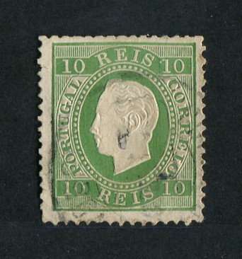 1879/80 - Afinsa nº 49i. D. Luis I, fita direita novas cores.Selo de 10 reis usado. VERDE. Papel porcelana, denteado 12 1/2. Pequeno rasgo na margem esquerda.