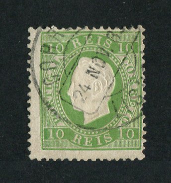 1879/80 - Afinsa nº 49i. D. Luis I, fita direita novas cores.Selo de 10 reis usado. VERDE AMARELO. Papel porcelana, denteado 12 1/2. Denteado irregular e pequena transparência.