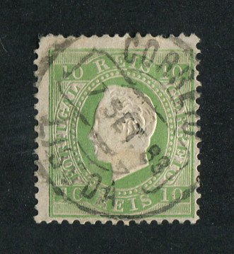 1879/80 - Afinsa nº 49i. D. Luis I, fita direita novas cores.Selo de 10 reis usado. VERDE AMARELO. Papel porcelana, denteado 12 1/2. Canto curto.