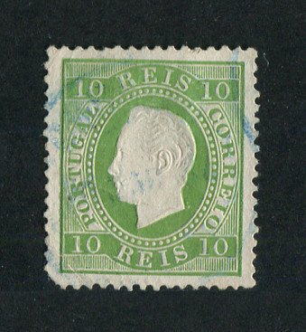 1879/80 - Afinsa nº 49J. D. Luis I, fita direita novas cores.Selo de 10 reis usado. VERDE AMARELO. Papel porcelana, denteado 13 1/2. Canto curto e alguns vincos.