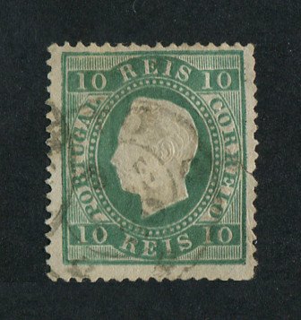1879/80 - Afinsa nº 49H. D. Luis I, fita direita novas cores.Selo de 10 reis usado. VERDE AZUL. Papel liso, denteado 13 1/2. Apresenta um rasgo reparado.