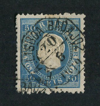 1879/80 - Afinsa nº 50. D. Luis I fita direita, novas cores. Selo de 50 reis usado. AZUL. Papel liso, denteado 12 1/2. Em boas condições.