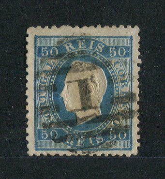 1879/80 - Afinsa nº 50. D. Luis I fita direita, novas cores. Selo de 50 reis usado. AZUL. Papel liso, denteado 12 1/2. Em boas condições.