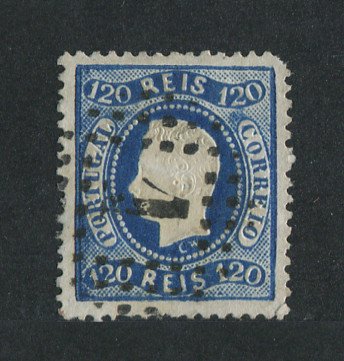 1867/70 - Afinsa nº 34. D. Luís I, fita curva denteado.Selo de 120 reis usado. Canto curto.