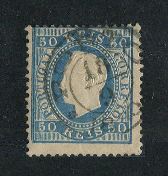 1879/80 - Afinsa nº 50. D. Luis I fita direita, novas cores. Selo de 50 reis usado. AZUL CLARO. Papel liso, denteado 12 1/2. Em boas condições.