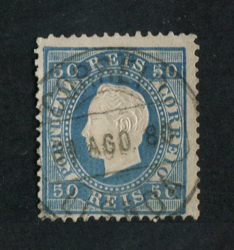 1879/80 - Afinsa nº 50. D. Luis I fita direita, novas cores. Selo de 50 reis usado. AZUL CLARO. Papel liso, denteado 12 1/2. Tem o cunho ligeiramente aberto.