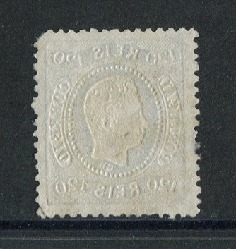 1867/70 - Afinsa nº 34. D. Luís I, fita curva denteado.Selo de 120 reis usado. Canto curto.