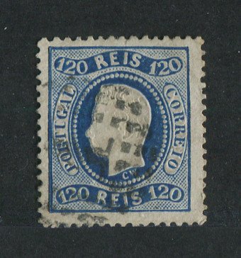 1867/70 - Afinsa nº 34. D. Luís I, fita curva denteado.Selo de 120 reis usado. Pequena transparência.