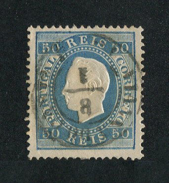 1879/80 - Afinsa nº 50B. D. Luis I fita direita, novas cores. Selo de 50 reis usado. AZUL CLARO. Papel liso, denteado 13 1/2. Carimbo de Viana do Castelo. Pequeno vinco.