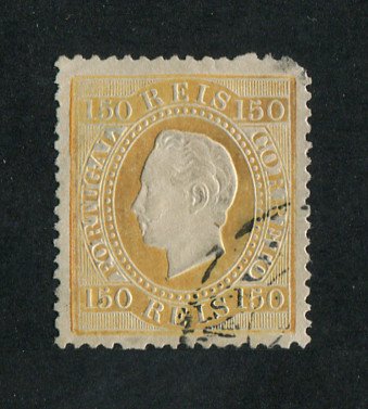 1879/80 - Afinsa nº 51A. D. Luis I fita direita, novas cores. Selo 150 reis usado. AMARELO. Papel liso, denteado 13 1/2. Tem um canto curto.