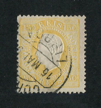 1879/80 - Afinsa nº 51A. D. Luis I fita direita, novas cores. Selo 150 reis usado. AMARELO CLARO. Papel liso, denteado 13 1/2. Pequeno rasgo na margem esquerda.