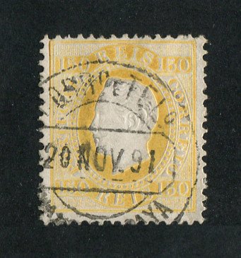 1879/80 - Afinsa nº 51B. D. Luis I fita direita, novas cores. Selo 150 reis usado. AMARELO. Papel porcelana, denteado 12 1/2. Em boas condições.