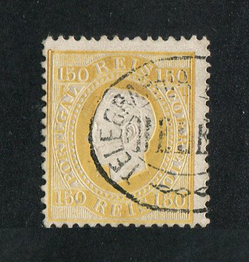 1879/80 - Afinsa nº 51B. D. Luis I fita direita, novas cores. Selo 150 reis usado. AMARELO. Papel porcelana, denteado 12 1/2. Em boas condições.