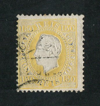 1879/80 - Afinsa nº 51B. D. Luis I fita direita, novas cores. Selo 150 reis usado. AMARELO CLARO. Papel porcelana, denteado 12 1/2. Em boas condições.