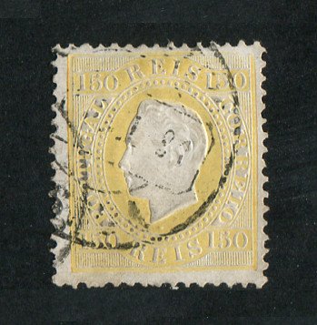 1879/80 - Afinsa nº 51B. D. Luis I fita direita, novas cores. Selo 150 reis usado. AMARELO CLARO. Papel porcelana, denteado 12 1/2. Em boas condições.