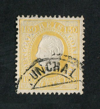 1879/80 - Afinsa nº 51B. D. Luis I fita direita, novas cores. Selo 150 reis usado. AMARELO CLARO. Papel porcelana, denteado 12 1/2. Carimbo do Funchal. Em boas condições.