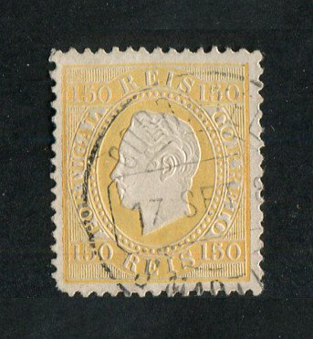 1879/80 - Afinsa nº 51B. D. Luis I fita direita, novas cores. Selo 150 reis usado. AMARELO. Papel porcelana, denteado 12 1/2. Tem um canto curto.