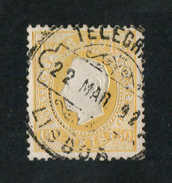 1879/80 - Afinsa nº 51B. D. Luis I fita direita, novas cores. Selo 150 reis usado. AMARELO. Papel porcelana, denteado 12 1/2. Pequena transparência.