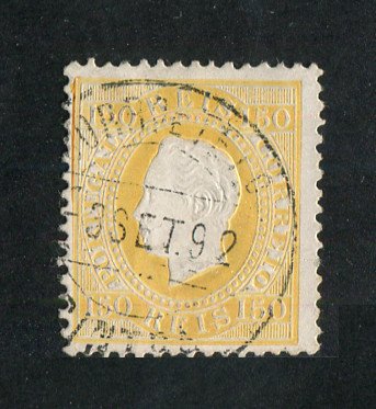 1879/80 - Afinsa nº 51B. D. Luis I fita direita, novas cores.Selo 150 reis usado. AMARELO. Papel porcelana, denteado 12 1/2. Carimbo de Sintra. Pequena transparência.