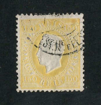 1879/80 - Afinsa nº 51B. D. Luis I fita direita, novas cores. Selo 150 reis usado. AMARELO CLARO. Papel porcelana, denteado 12 1/2. Pequena transparência.