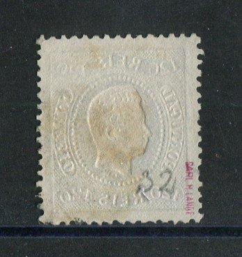 1867/70 - Afinsa nº 34. D. Luís I, fita curva denteado.Selo de 120 reis usado. Pequena transparência.