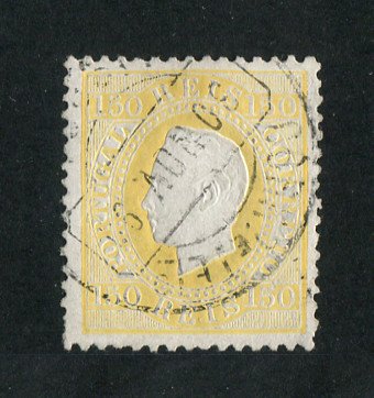 1879/80 - Afinsa nº 51B. D. Luis I fita direita, novas cores. Selo 150 reis usado. AMARELO CLARO. Papel porcelana, denteado 12 1/2. Pequena transparência.