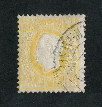 1879/80 - Afinsa nº 51B. D. Luis I fita direita, novas cores. Selo 150 reis usado. AMARELO CLARO. Papel porcelana, denteado 12 1/2. Pequena transparência.
