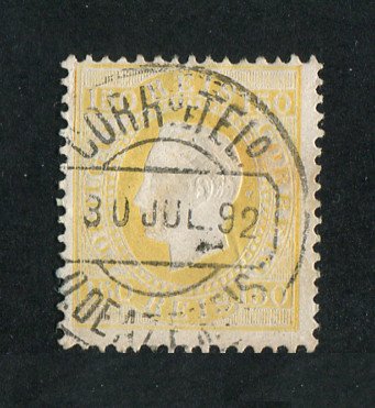 1879/80 - Afinsa nº 51B. D. Luis I fita direita, novas cores.Selo 150 reis usado. AMARELO CLARO. Papel porcelana, denteado 12 1/2. Carimbo de Oliveira de Azeméis. Pequena transparência.