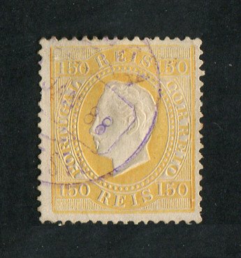 1879/80 - Afinsa nº 51E. D. Luis I fita direita, novas cores. Selo 150 reis usado. AMARELO. Papel porcelana, denteado 13 1/2. Em boas condições.