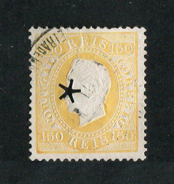 1879/80 - Afinsa nº 51E. D. Luis I fita direita, novas cores. Selo 150 reis usado. AMARELO CLARO. Papel porcelana, denteado 13 1/2. Com MARCA TELEGRÁFICA. Em boas condições.
